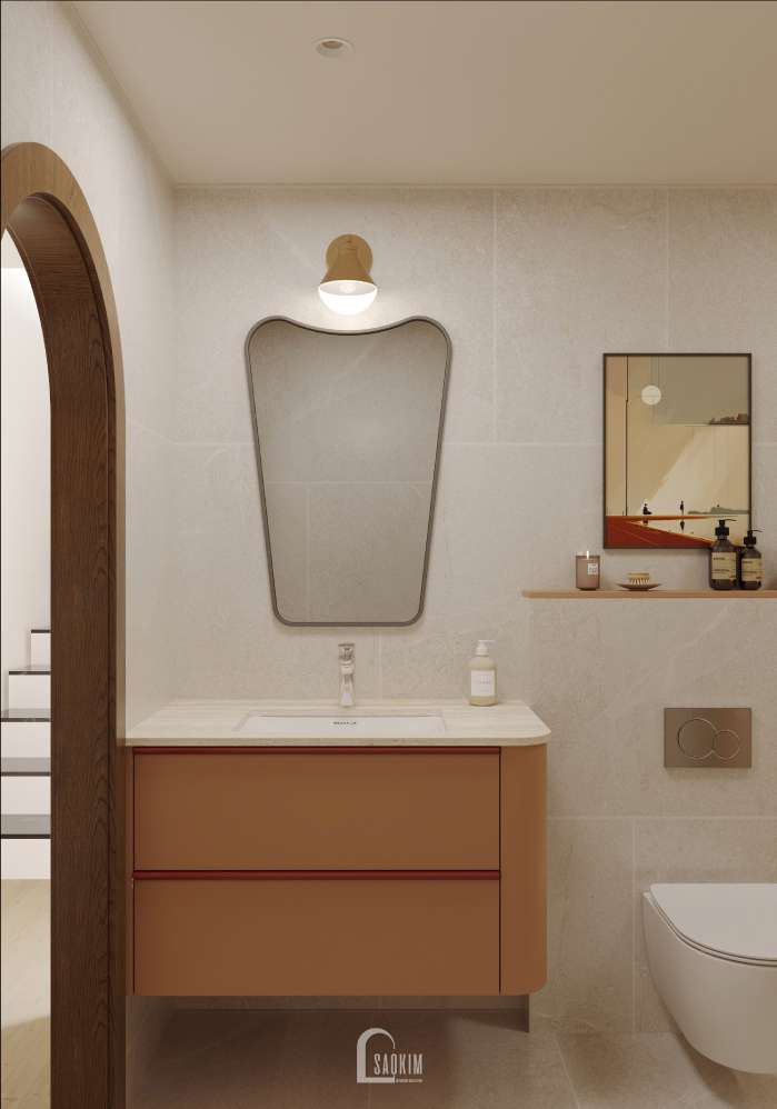 Không gian WC Wabi-Sabi ấm áp với gam màu be – nâu tại thiết kế nhà phố Long Biên